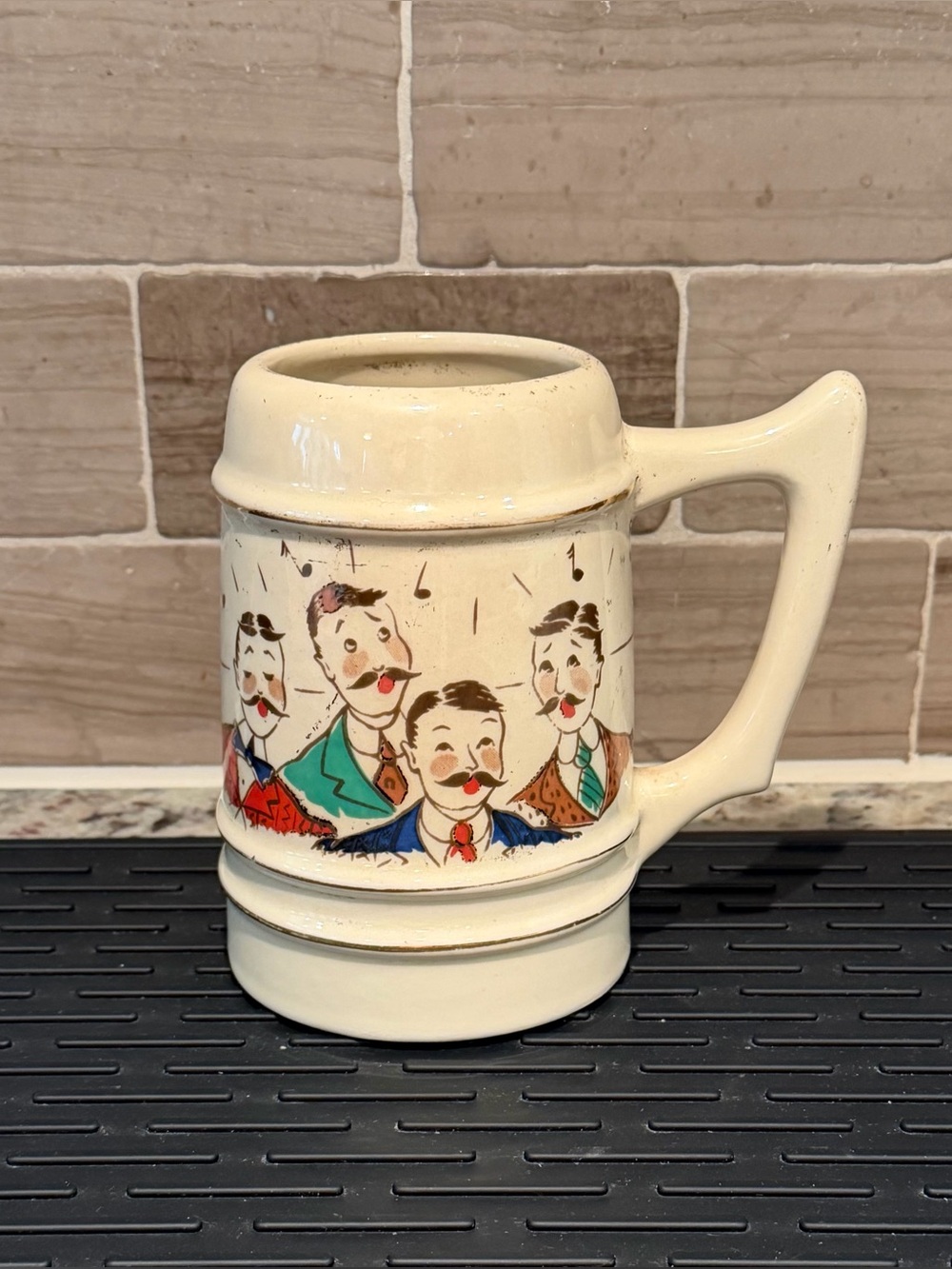 Vintage Barbershop Quartet Ceramic Beer Stein Mug Gold Trim Mid Century Barware